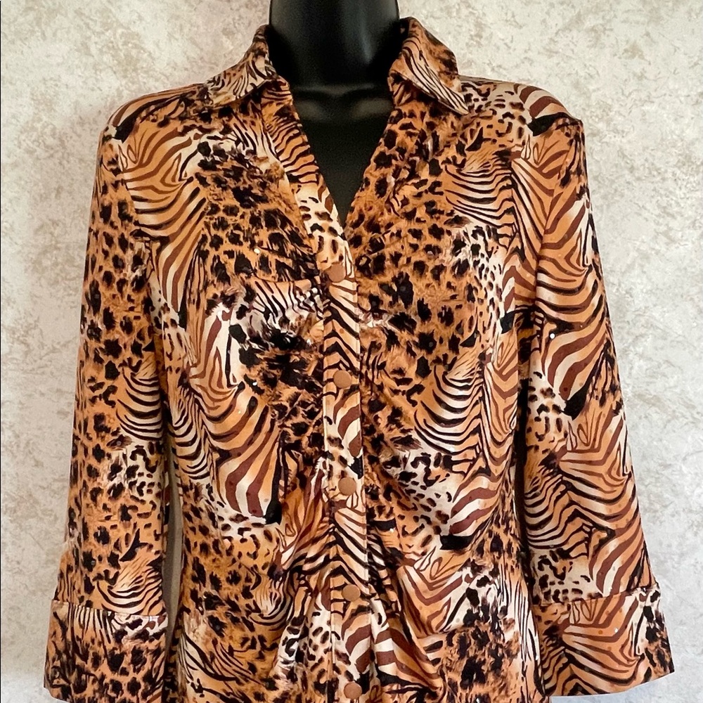 Essentials by Milano Womens Animal Print Top Clear Sequins Size Small